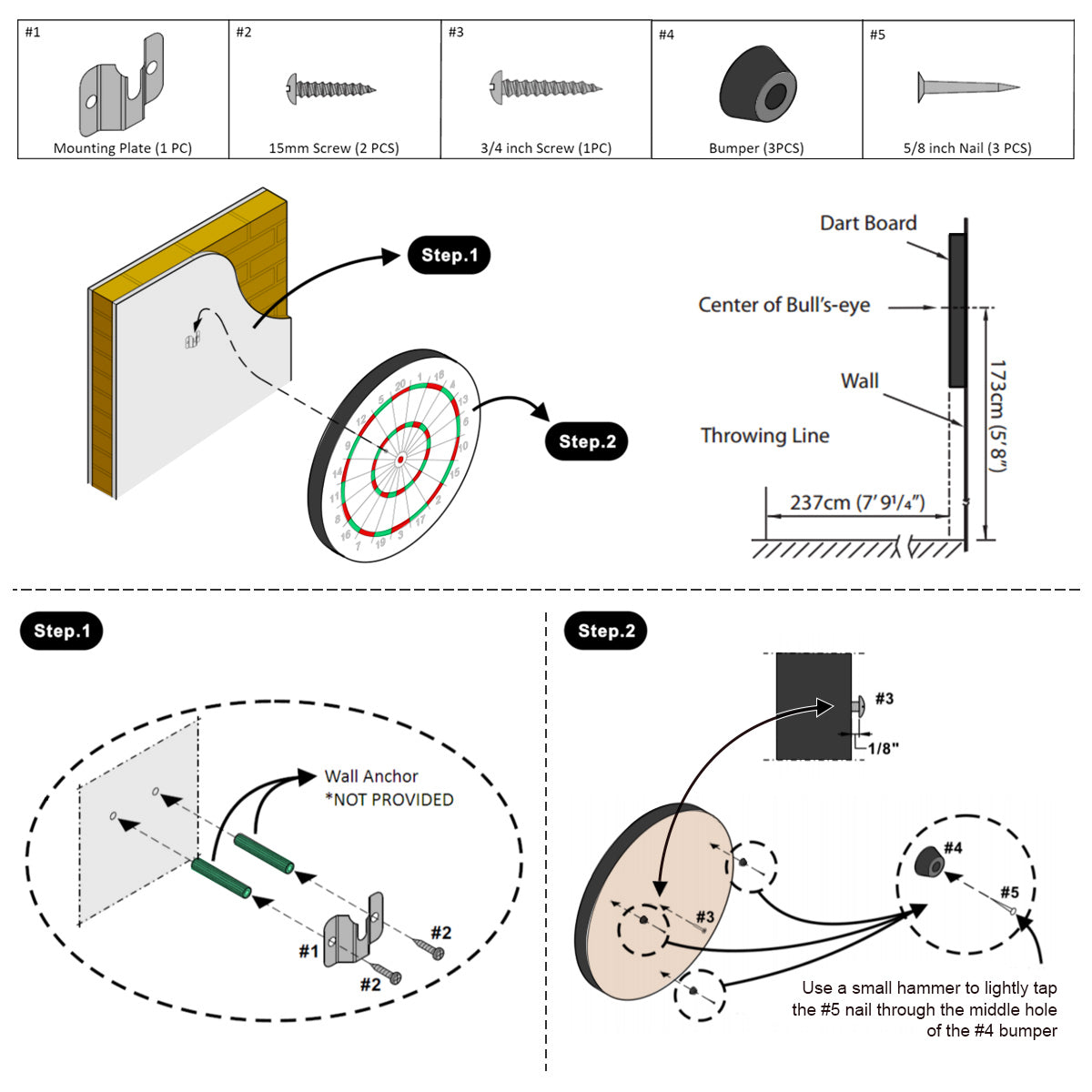 Dartboard mounting hardware and illustrated installation guide