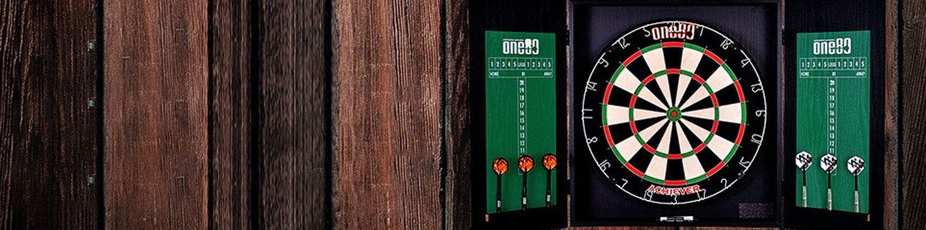 Dartboard wall setup with steel tip darts