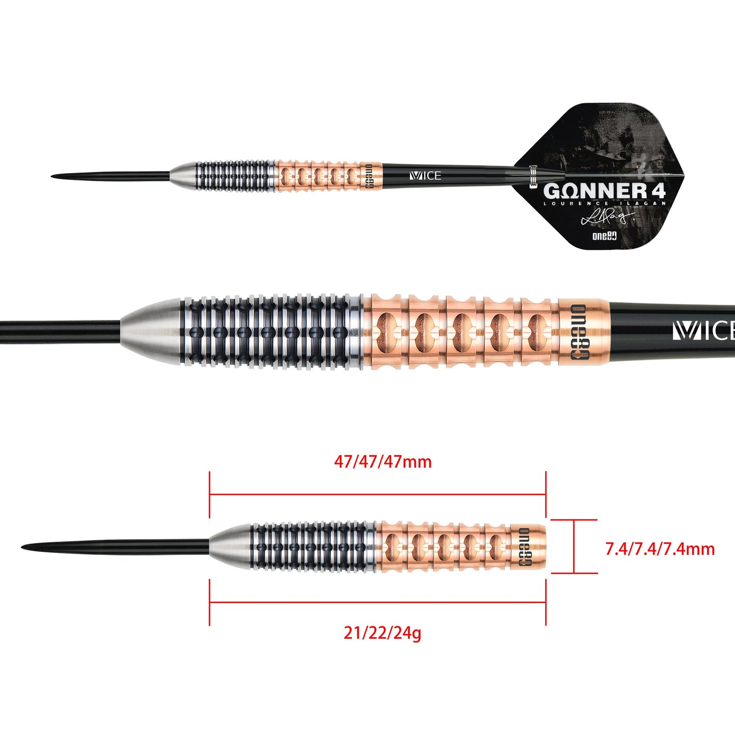 ONE80 Lourence Ilagan Darts - Steel Tip - 90% Tungsten - Rose Gold