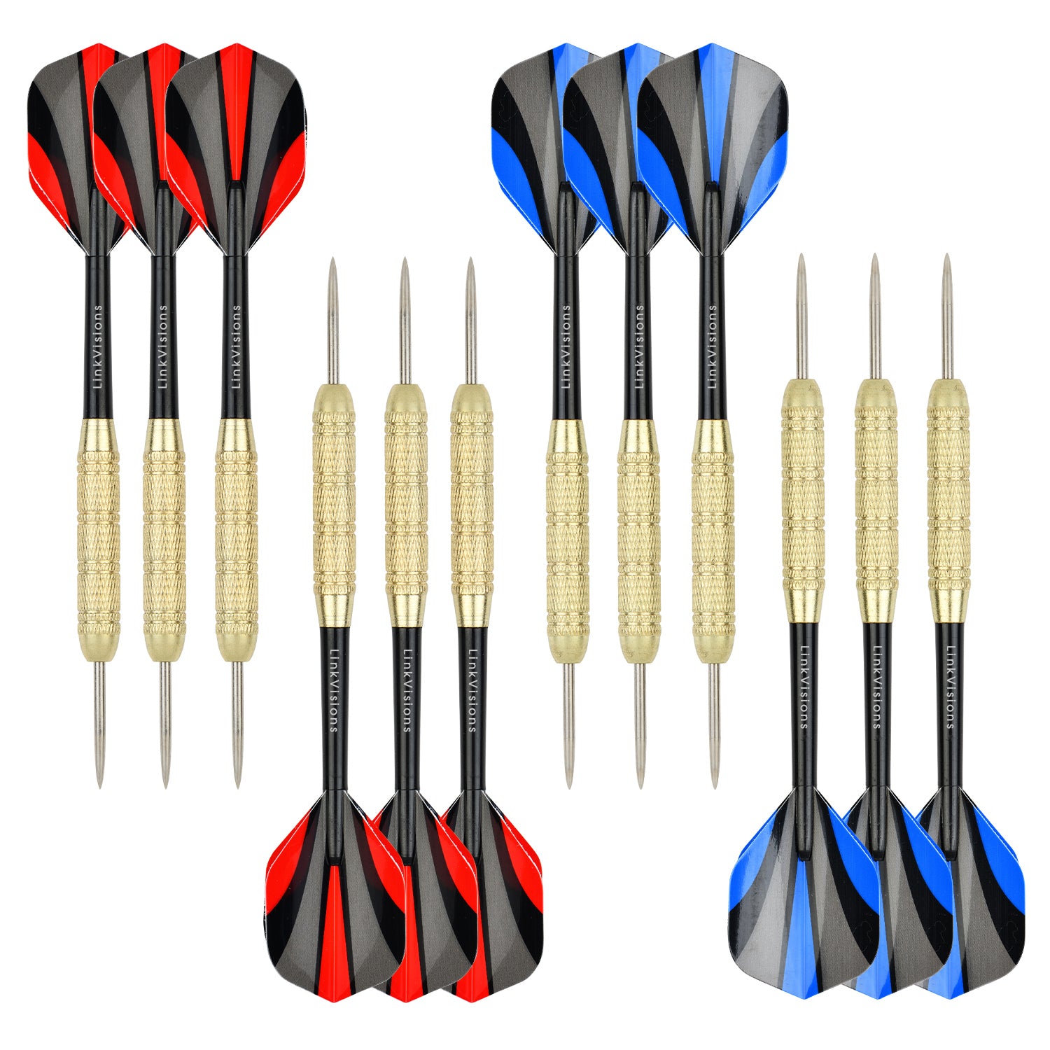 LinkVisions red and blue steel-tip darts included in the set